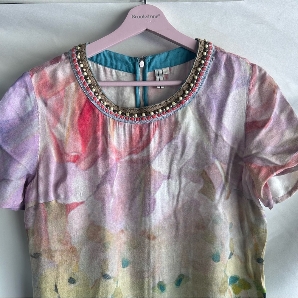 Blank London Watercolor Viscose Crepe Satin Short Sleeve Dress | Size Large - Picture 4 of 14